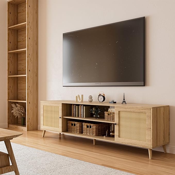 Media TV Stands for 75+ Inch TV,Entertainment Center with Adjustable Shelf, Rattan TV Console with 2 Cabinets,Mid Century Modern TV Console Table for Living Room Bedroom - LeafyLoom