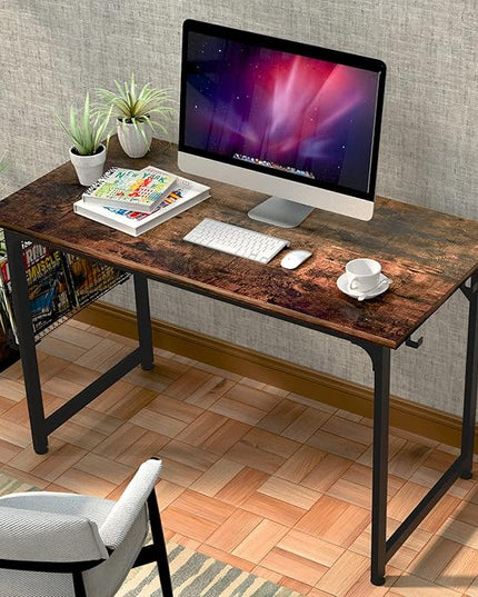 ASTARTH Study Computer Desk-47 Inch Home Office Desk, Wood Storage Table, Modern Writing Style Laptop Table, Black Metal Frame, PC Table with Storage Basket and Headphone Hooks, Rustic Brown - LeafyLoom