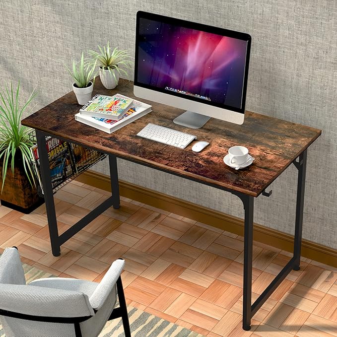 ASTARTH Study Computer Desk-47 Inch Home Office Desk, Wood Storage Table, Modern Writing Style Laptop Table, Black Metal Frame, PC Table with Storage Basket and Headphone Hooks, Rustic Brown - LeafyLoom