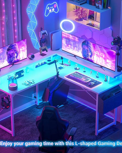 armocity L Shaped Computer Desk with Power Outlets, Gaming Desk L Shaped with LED Lights, Corner Desk with Storage Shelves, Work Study Desk for Bedroom, Home Office Small Spaces, 47'', White - LeafyLoom
