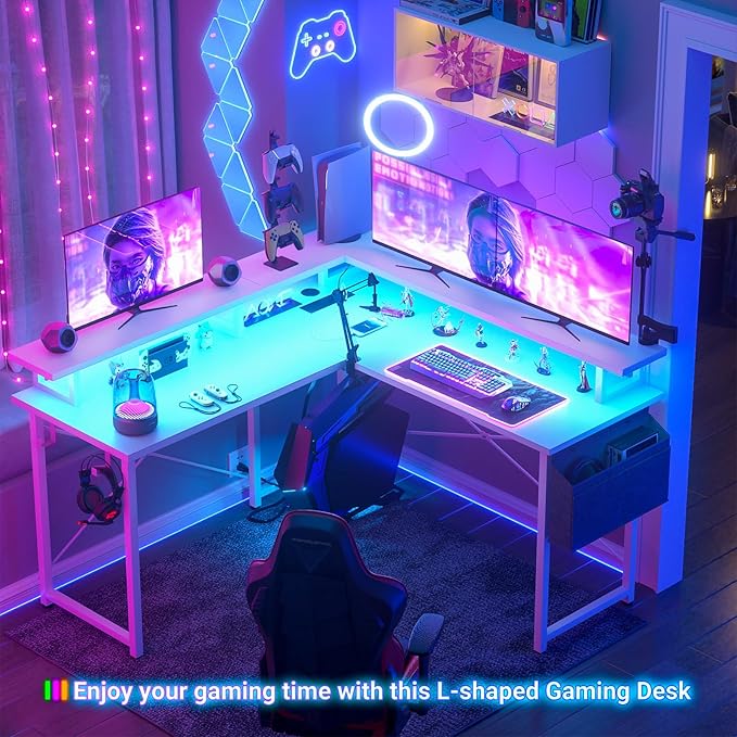 armocity L Shaped Computer Desk with Power Outlets, Gaming Desk L Shaped with LED Lights, Corner Desk with Storage Shelves, Work Study Desk for Bedroom, Home Office Small Spaces, 47'', White - LeafyLoom