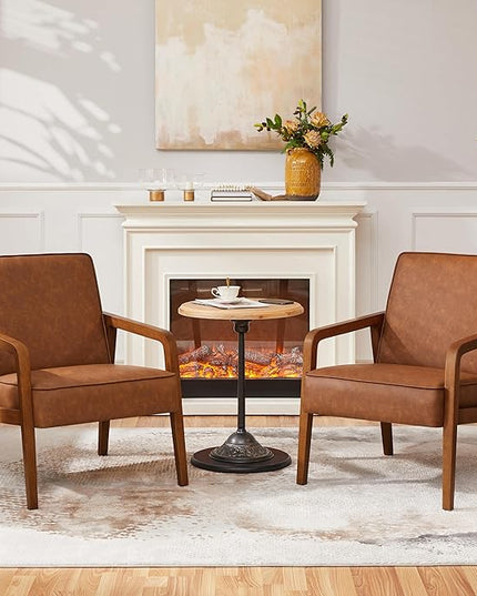 Yaheetech PU Leather Accent Chair, Mid-Century Modern Barrel Chair with Wooden Frame and Soft Thick Padded for Living Room Bedroom Home Office, 2 Pieces, Light Brown - LeafyLoom