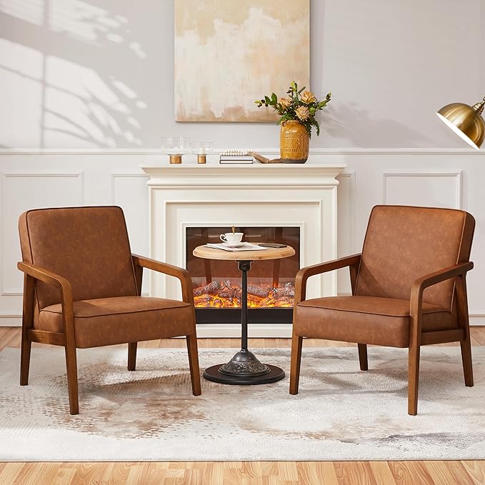 Yaheetech PU Leather Accent Chair, Mid-Century Modern Barrel Chair with Wooden Frame and Soft Thick Padded for Living Room Bedroom Home Office, 2 Pieces, Light Brown - LeafyLoom