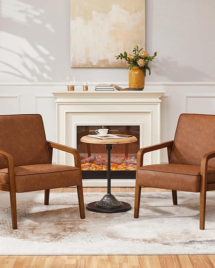 Yaheetech PU Leather Accent Chair, Mid-Century Modern Barrel Chair with Wooden Frame and Soft Thick Padded for Living Room Bedroom Home Office, Light Brown - LeafyLoom