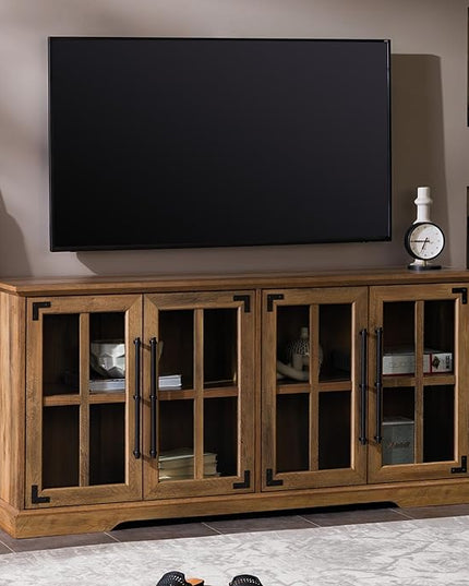 Walker Edison Farmhouse Barn Glass Door Wood Universal TV Stand for TV's up to 64" Flat Screen Living Room Storage Cabinet Doors and Shelves Entertainment Center, 58 Inch, Rustic Oak - LeafyLoom