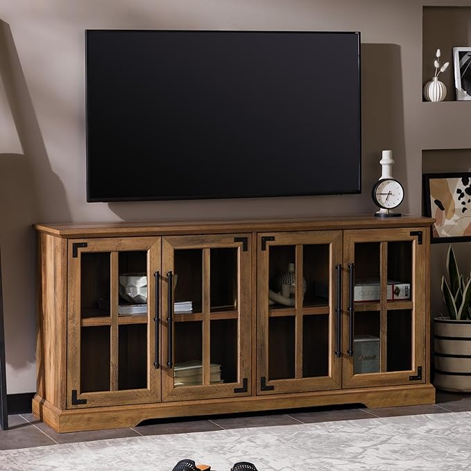 Walker Edison Farmhouse Barn Glass Door Wood Universal TV Stand for TV's up to 64" Flat Screen Living Room Storage Cabinet Doors and Shelves Entertainment Center, 58 Inch, Rustic Oak - LeafyLoom