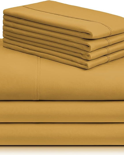 LuxClub 7 PC Split King Sheet Set, Breathable Luxury Bed Sheets, Deep Pockets 18" Eco Friendly Wrinkle Free Cooling Sheets Machine Washable Hotel Bedding Silky Soft - Medallion Gold Split King - LeafyLoom