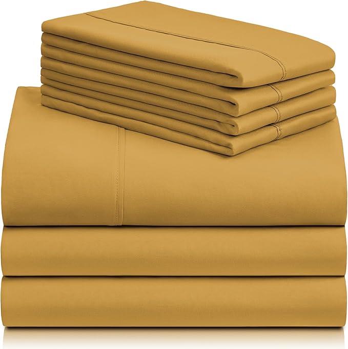 LuxClub 7 PC Split King Sheet Set, Breathable Luxury Bed Sheets, Deep Pockets 18" Eco Friendly Wrinkle Free Cooling Sheets Machine Washable Hotel Bedding Silky Soft - Medallion Gold Split King - LeafyLoom