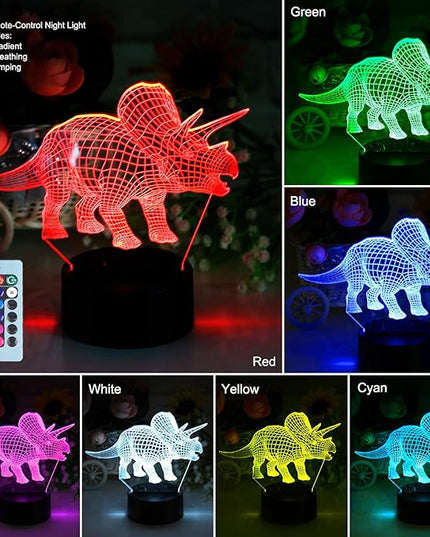 VSATEN 3D Dinosaur Night Light for Kids, 3D Illusion Lamp 3-Pattern & 16 Colors Change Decor Lamp with Remote Control & Smart Touch, Dinosaur Toys for 2 3 4 5 6+ Years Old - LeafyLoom