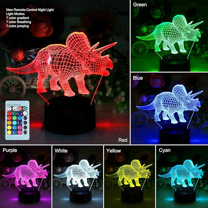 VSATEN 3D Dinosaur Night Light for Kids, 3D Illusion Lamp 3-Pattern & 16 Colors Change Decor Lamp with Remote Control & Smart Touch, Dinosaur Toys for 2 3 4 5 6+ Years Old - LeafyLoom