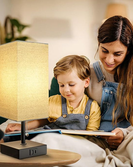 Bedside Lamp for Bedroom with USB Port, Beige Table Lmp with USB C + A Charging Ports, Pull Chain Nightstand Lamp with Fabric Shade for Living Room, Dorm, Home Office (LED Bulb Included) - LeafyLoom