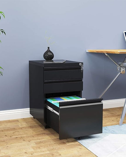 YITAHOME 3-Drawer Mobile File Cabinet with Lock, Office Storage Filing Cabinet for Legal/Letter Size, Pre-Assembled Metal File Cabinet Except Wheels Under Desk -Black - LeafyLoom