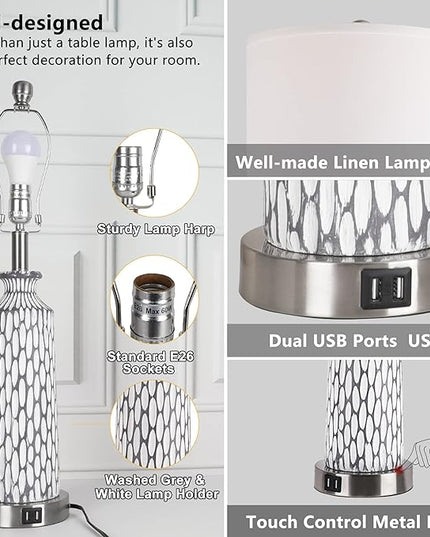 QiMH Table Lamp for Living Room,Bedside Lamps for Bedroom Set of 2 with USB Ports,3-Way Dimmable Touch Control, Modern Coastal White Grey Resin Nightstand Lamp(with 2700K LED Bulbs) - LeafyLoom