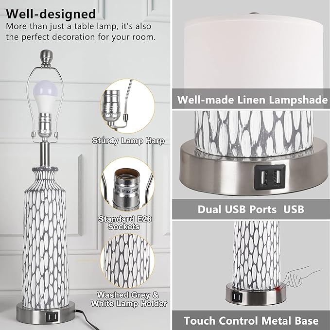 QiMH Table Lamp for Living Room,Bedside Lamps for Bedroom Set of 2 with USB Ports,3-Way Dimmable Touch Control, Modern Coastal White Grey Resin Nightstand Lamp(with 2700K LED Bulbs) - LeafyLoom