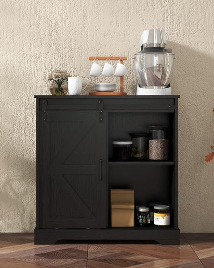 Panana Sliding Barn Door Buffet Sideboard Storage Cabinet Coffee Bar Kitchen Farmhouse Style (Black) - LeafyLoom
