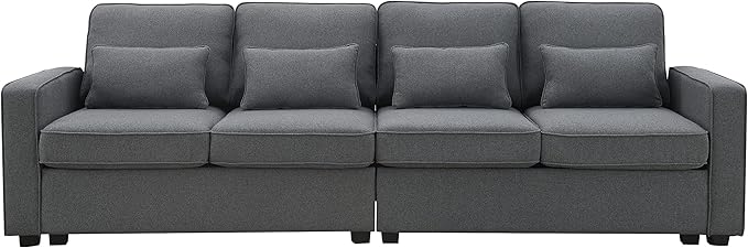 Sectional Living Room,Minimalist I Shape Couch,Compact Linen Fabric Modular Upholstered Sofa with Armrest Pocket and Removable Cushions,4 Pillow, 104" (4 Seater), Grey - LeafyLoom