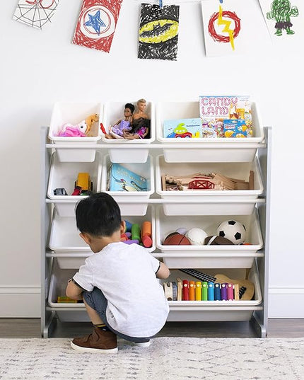 Humble Crew, Grey/White Kids Toy Organizer with 12 Storage Bins, Toddler - LeafyLoom