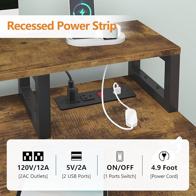 L Shaped Desk with 3 Drawer & 3 Open Shelf, Computer Desk with LED Lights & Power Outlets, Home Office Desk with Reversible Storage Shelves & Monitor Stand, Corner Desk for Small Space - LeafyLoom