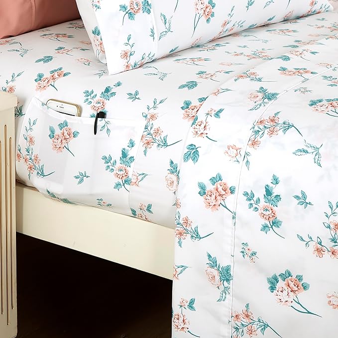 Elegant Comfort Softest and Coziest 4-Piece Sheet Set - 1500 Premium Hotel Quality Microfiber - Deep Pocket, Wrinkle Resistant 4-Piece Floral Bed Sheet Set, Twin, Celia Pink - LeafyLoom