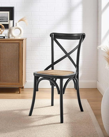 Modway Gear Rustic Modern Farmhouse Elm Wood Rattan Dining Chair in Black - LeafyLoom