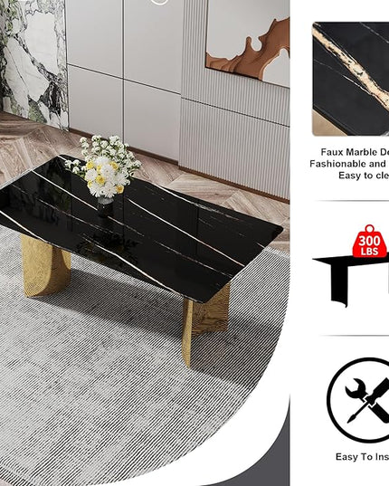 NicBex Modern Minimalist Dining Table The Black Patterned Glass Desktop is Equipped with Golden Metal Legs Suitable for Restaurants and Living Rooms, Black + Gold - LeafyLoom