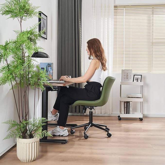 YOUNIKE Office Chair Swivel Desk Chair Upholstered Faux Leather Height Adjustable with Wheels Computer Task Chair Modern Rolling Armless with Back, Loads 300 lbs, Olive Green - LeafyLoom