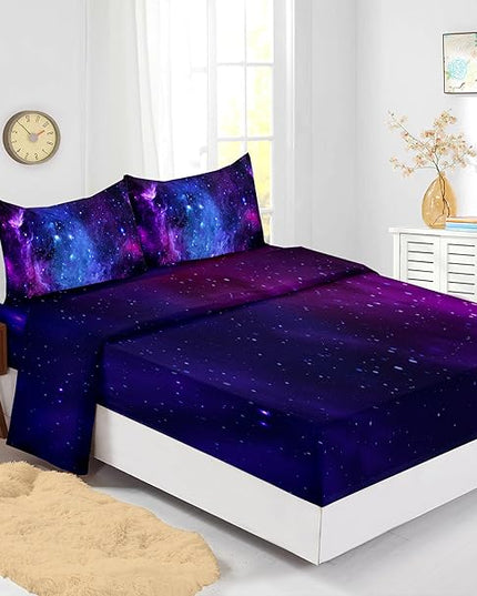 7PCS Purple Comforter Sets Queen,Girls Galaxy Comforter Queen,Girls Bed Sets Queen,Bed in a Bag with Flat Sheet and Fitted Sheet,Pillowcases,Cushions for Girls,Galaxy Bedding Sets - LeafyLoom