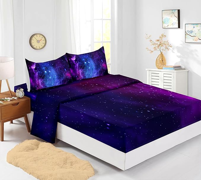 7PCS Purple Comforter Sets Queen,Girls Galaxy Comforter Queen,Girls Bed Sets Queen,Bed in a Bag with Flat Sheet and Fitted Sheet,Pillowcases,Cushions for Girls,Galaxy Bedding Sets - LeafyLoom