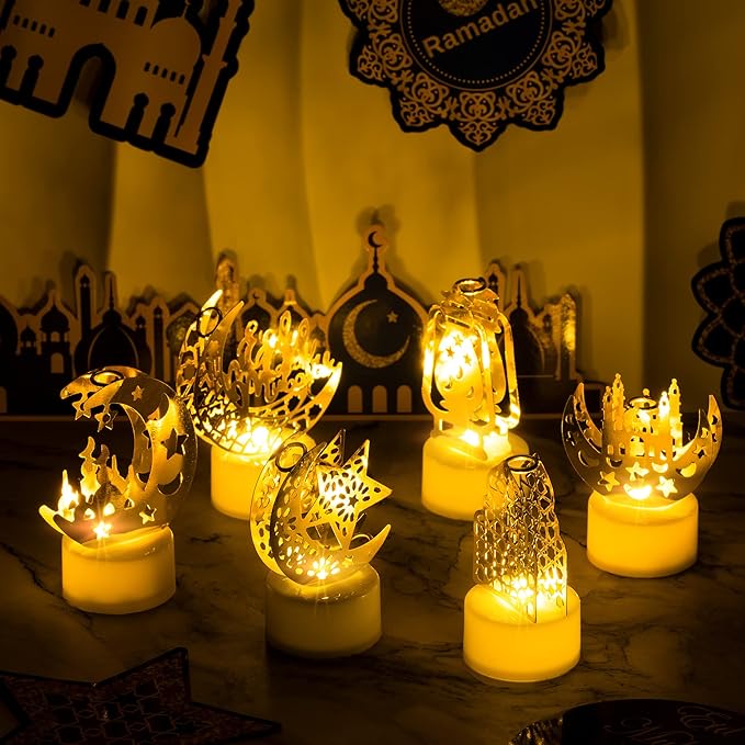 6Pcs Ramadan Mini Lantern Lights Decoration, Moon Castle Lighthouse Eid Mubarak Lamp Battery Included Plastic LED Night Light for Eid Ramadan Party Home Indoor Outdoor Bedroom Tabletop Decor - LeafyLoom