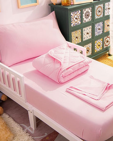 NTBAY Toddler Bedding Set - 4 Piece Soft and Breathable Crib Bedding Set for Boys and Girls, Includes Quilted Comforter, Fitted Sheet, Flat Top Sheet and Envelope Pillowcase, Pink - LeafyLoom