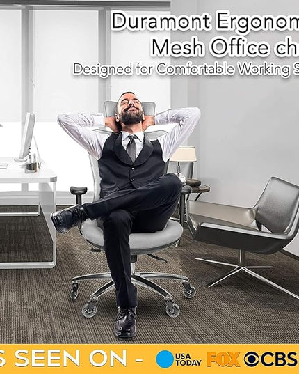 Duramont Ergonomic Office Chair with Adjustable Lumbar Support, High, Head and Arm Rests Back Pain Chairs with Breathable Mesh - Thick Seat Cushion, Reclines Desk Chair Rollerblade Wheels GREY - LeafyLoom