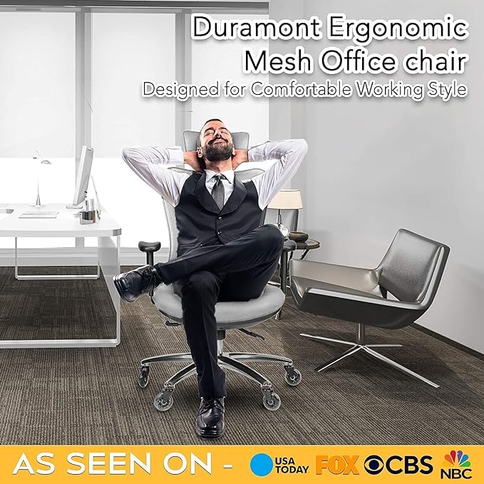 Duramont Ergonomic Office Chair with Adjustable Lumbar Support, High, Head and Arm Rests Back Pain Chairs with Breathable Mesh - Thick Seat Cushion, Reclines Desk Chair Rollerblade Wheels GREY - LeafyLoom