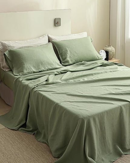 Simple&Opulence 100% Linen Sheet Set Solid Color-4 Pcs Washed French Linen Bed Sheets(1 Flat Sheet,1 Fitted Sheet,2 Pillowcases)-Breathable Bedding Set (Sage Green, Queen) - LeafyLoom