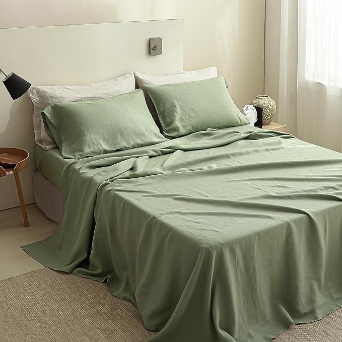 Simple&Opulence 100% Linen Sheet Set Solid Color-4 Pcs Washed French Linen Bed Sheets(1 Flat Sheet,1 Fitted Sheet,2 Pillowcases)-Breathable Bedding Set (Sage Green, Queen) - LeafyLoom