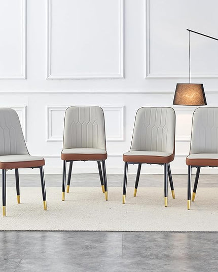 Modern Set of 4, Faux Leather Dining PU Upholstered Kitchen Chair with Black Golden Metal Legs for Home Living Room, Restaurant, 4 Piece, Brown+light Gray - LeafyLoom