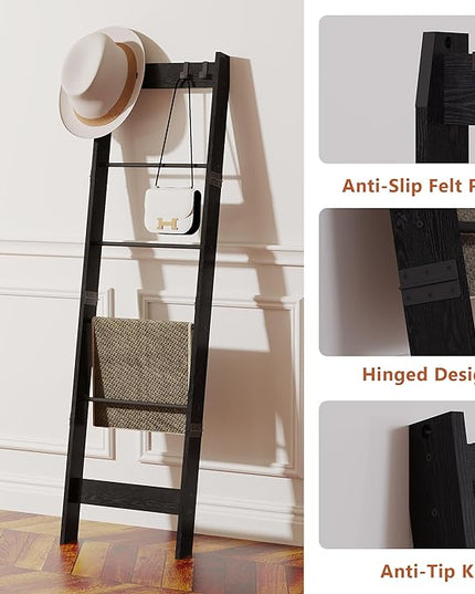 6 Tier Blanket Ladder Shelf for Living Room and Bedroom, Ladder Holder with 4 Metal Hooks, 5.2ft Blanket Quilt Holder Rack, Farmhouse Ladder Rack for Storage and Home Decor, Black - LeafyLoom