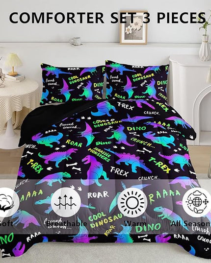 Axolotl Cartoon Dinosaur Bedding Set,Twin Size Kids Bed Set,Gradient Dinosaur Comforter Set,1 Quilt with 2 Pillowcases for Boys Girls Kids Teens Children Adults Room Decor All Season,Black - LeafyLoom