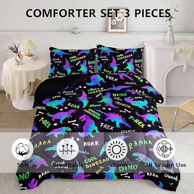Axolotl Cartoon Dinosaur Bedding Set,Full Size Kids Bed Set,Gradient Dinosaur Comforter Set,1 Quilt with 2 Pillowcases for Boys Girls Kids Teens Children Adults Room Decor All Season,Black - LeafyLoom