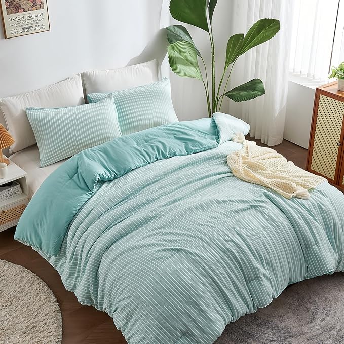 ENCOFT Comforter Queen Size, 3 Piece Textured Seafoam Green Comforter for Queen Size Bed, Soft Microfiber Lightweight White Striped Boho Comforter Set Queen, 90"x90" - LeafyLoom