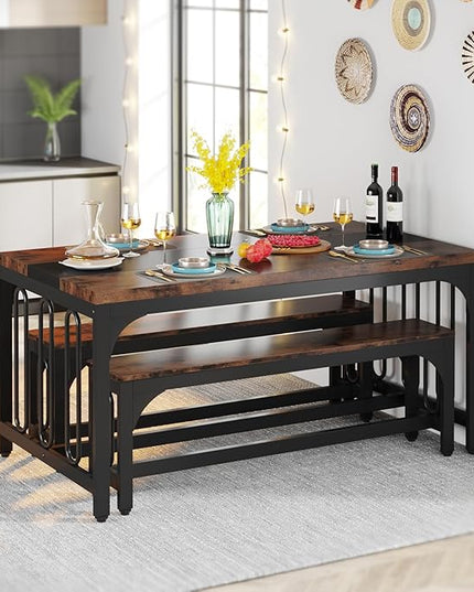 Tribesigns 55 Inch Dining Table Set for 4-6, 3-Piece Kitchen Table with 2 Benches, Space-Saving Dining Room Table Set for Home Kitchen, Restaurant, Rustic Brown - LeafyLoom