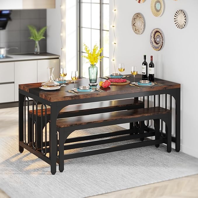 Tribesigns 55 Inch Dining Table Set for 4-6, 3-Piece Kitchen Table with 2 Benches, Space-Saving Dining Room Table Set for Home Kitchen, Restaurant, Rustic Brown - LeafyLoom