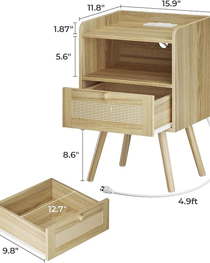 SUPERJARE Nightstand with Charging Station & Rattan-Like Decor Drawer, Rattan End Table with Solid Wood Feet, Bed Side Table with Open Storage, for Bedroom, Living Room, Dormitory - Natural - LeafyLoom