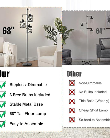 Dimmable Farmhouse Floor Lamp, Industrial Floor Lamp for Living Room with 3 X 6W LED Bulbs, 3 Light Rustic Standing Tall Lamp for Bedroom, Office, 68" - LeafyLoom