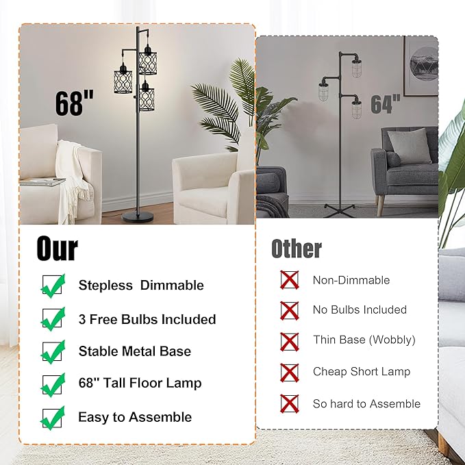 Dimmable Farmhouse Floor Lamp, Industrial Floor Lamp for Living Room with 3 X 6W LED Bulbs, 3 Light Rustic Standing Tall Lamp for Bedroom, Office, 68" - LeafyLoom