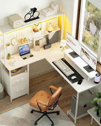 Yoobure L Shaped Desk with Pegboard, Reversible Gaming Desk with LED Lights & Power Outlets, Computer Desk with Drawers & Storage Shelves, Office Desk with Monitor Stand Corner Desk Home Office Desks - LeafyLoom