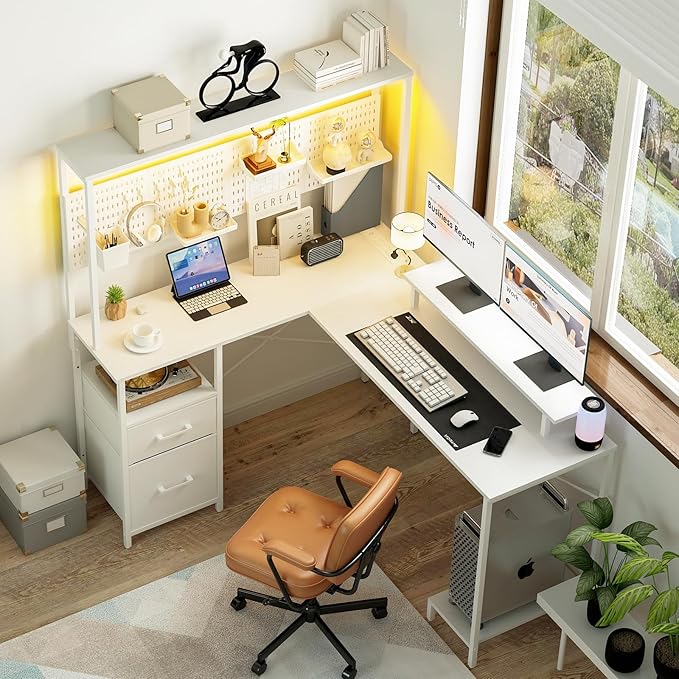 Yoobure L Shaped Desk with Pegboard, Reversible Gaming Desk with LED Lights & Power Outlets, Computer Desk with Drawers & Storage Shelves, Office Desk with Monitor Stand Corner Desk Home Office Desks - LeafyLoom