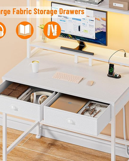 Furologee Small White Computer Desk with Power Outlet and 2 Fabric Drawers, Gaming Desk with LED light, Home Office Desk with Monitor Stand and Hutch for Small Space Working, Study Table with Shelf - LeafyLoom