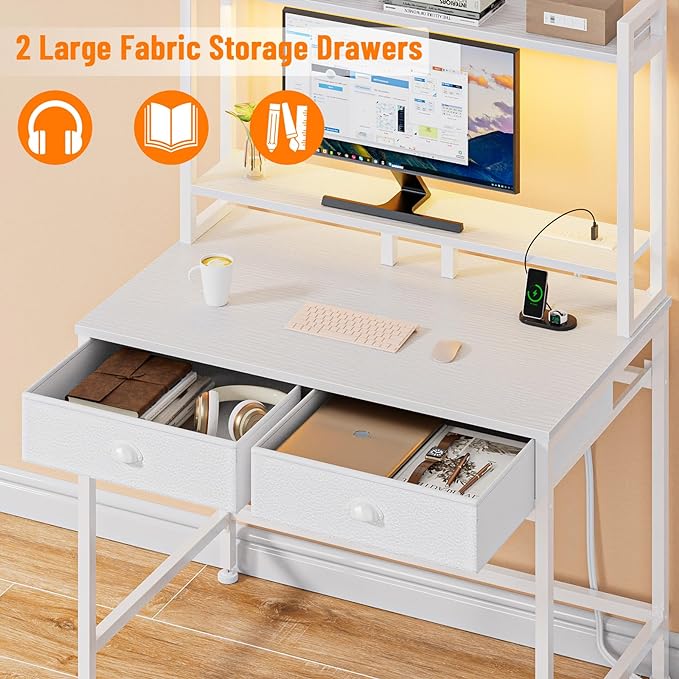 Furologee Small White Computer Desk with Power Outlet and 2 Fabric Drawers, Gaming Desk with LED light, Home Office Desk with Monitor Stand and Hutch for Small Space Working, Study Table with Shelf - LeafyLoom