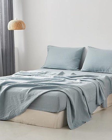 Simple&Opulence 100% Washed Linen Sheet Set-Queen Size-Natural France Flax Bed Sheet-4 Pcs Breathable,Ultra Soft,Farmhouse Bedding (1 Flat Sheet,1 Fitted Sheet,2 Pillowcases)-Embroidery Dusty Blue - LeafyLoom