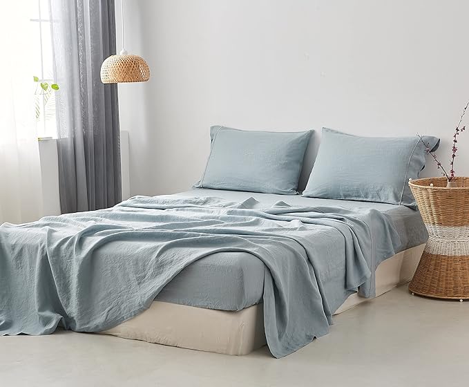 Simple&Opulence 100% Washed Linen Sheet Set-Queen Size-Natural France Flax Bed Sheet-4 Pcs Breathable,Ultra Soft,Farmhouse Bedding (1 Flat Sheet,1 Fitted Sheet,2 Pillowcases)-Embroidery Dusty Blue - LeafyLoom